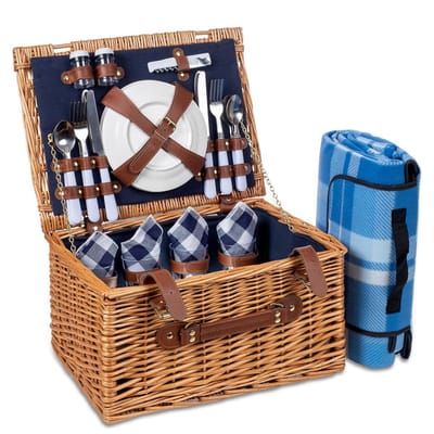 LifeGoods Picknickmand - 29-Delige Set met Picknickkleed - 4 Personen - PU-leer