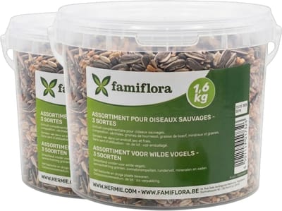 Famiflora Assortiment Buitenvogels Mixbox - 2 emmers - 3 Soorten Vogelvoer - 3.2 KG (2 x 1.6KG) - Voor tuinvogels - 3 soorten voer - 1,6 kg voordeelverpakking - Trekt diverse vogelsoorten aan