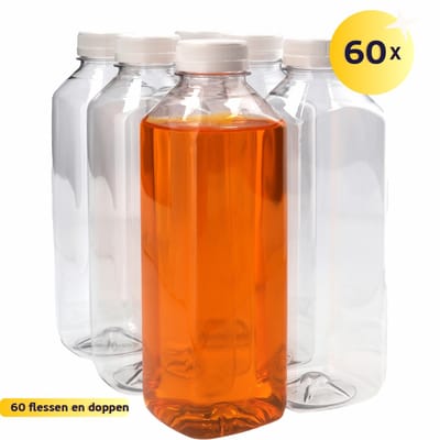 60 x Sapfles Plastic 750 ml - Vierkant - PET Flessen met Dop wit- PET Kunststof BPA-vrij - Plastic Flessen Navulbaar - Met Dop - Lege Flessen - 60 stuks