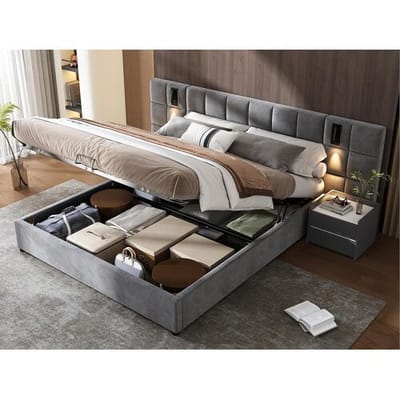 ModernLuxe Fluwelen opbergbed - 160x200cm - met LED en oplaadpoort - Grijs (nachtkastje niet inbegrepen)