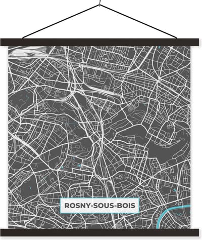 Posterhanger incl. Poster 60x60 cm - Schoolplaat - Rosny-sous-Bois - Frankrijk - Plattegrond - Kaart - Stadskaart - Textielposter - Zwarte latten - Stadskaart