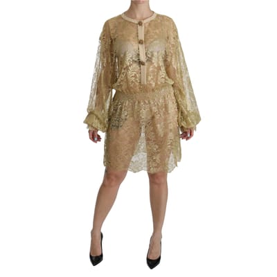 Dolce & Gabbana Gouden Kanten Doorkijkjurk Knielange Jurk voor Vrouwen