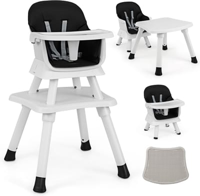 COSTWAY 6-in-1 hoge babystoel, kinderstoel, eetstoel, leertafel, bouwsteentafel, kinderzitgroep, kinderstoel met veiligheidsgordel en afneembaar dienblad, babystoel, combi-kinderstoel (zwart)