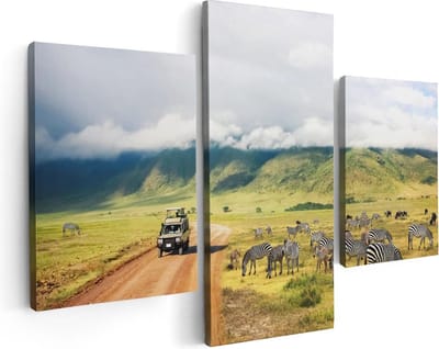 Artaza Canvas Schilderij Drieluik Safari Auto tussen de Zebra's - 90x60 - Foto Op Canvas - Canvas Print