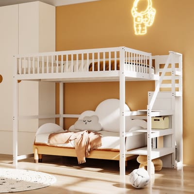 MEUNIQ hoogslaper 140x200 cm met trap, opbergrek en kledingkast, kinderbed met 15 lattenbodems en veiligheidsreling, 245 x 145 x 179,7 cm, wit