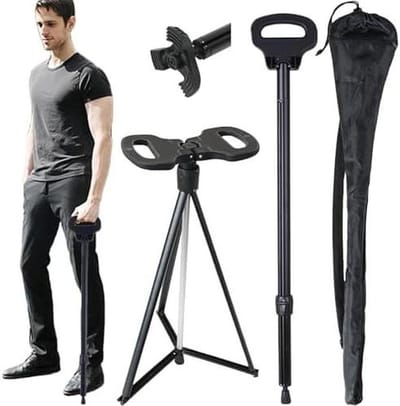 Wandelstok met zitting - Opvouwbare stoel - Rustmomenten buiten - Draagvermogen 200kg - 343 inch lengte - Zwart