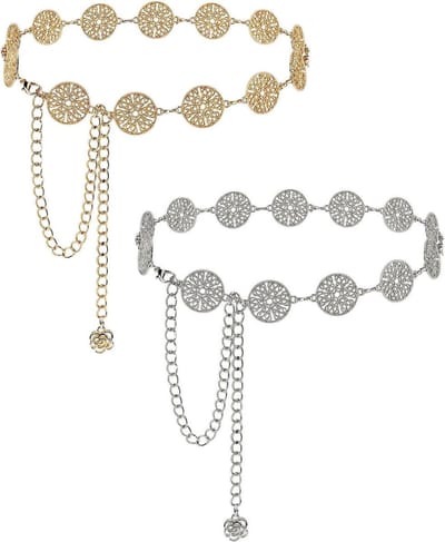 Allecto Plus - Extra lange buik- en tailleketting voor vrouwen - 2-delige set - Verstelbare dikke ketting - Grote maat - Halsketting - Metaalketting met holle ronde stukken - Voor buik, taille en nek - Legering.