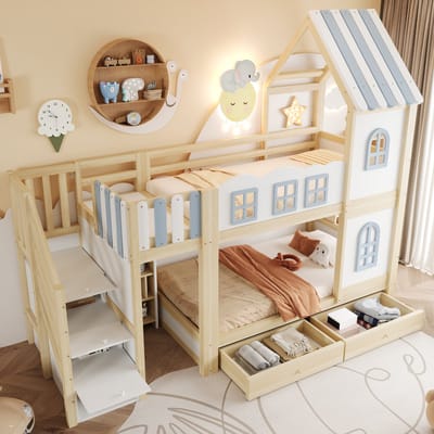 Huis Stapelbed 90x200 Wit Kinderbed Cloud Ladder Opberglades Speelbed Hout MDF Pine