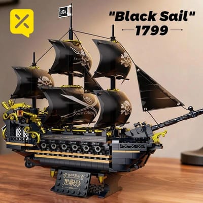 Zwart Zeil Piratenschip Bouwstenen 3-mast Zeilboot DIY Model Volwassen Verzamelspeelgoed Cadeau voor Display Decoratie beige
