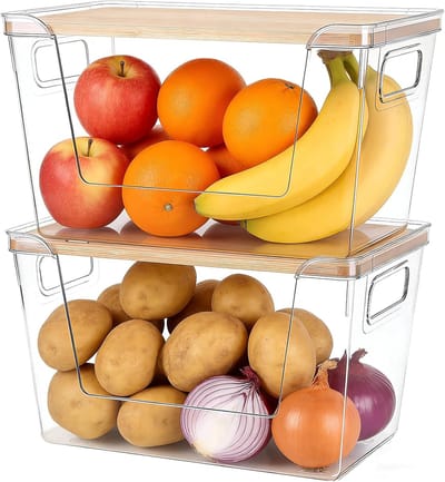 2-delige set transparante opbergbakken, 2-laags stapelbare fruitmand, bak met deksel voor groenten, aardappelen, uien, knoflook, keuken, badkamer, aanrecht & kasten