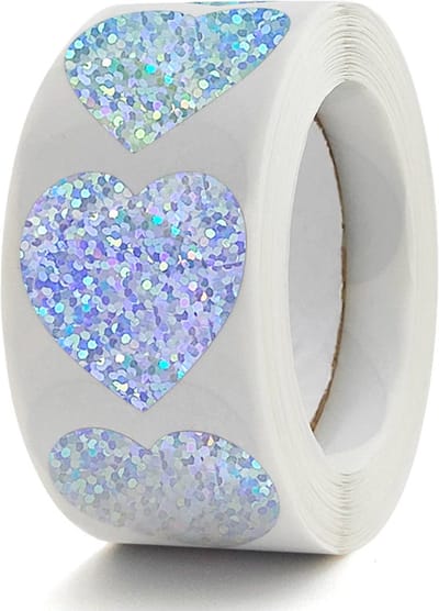 DW4Trading Stickerrol Zilver Glitter Hartje Sluitstickers Ø 2,6 cm 500 Stuks
