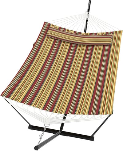 Hangmat met Standaard - 2-Persoons Hangmat - Inclusief Kussen en Balanstouw - Belastbaar tot 205 kg - Dubbele Hangmat voor Buiten - Tuin & Terras - Rood/Geel