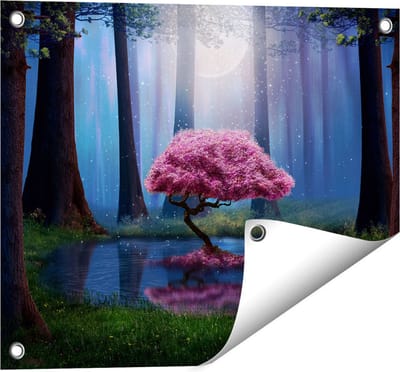 Gards Tuinposter Roze Boom op een Vijver in de Nacht - 50x40 cm - Tuindoek - Tuindecoratie - Wanddecoratie buiten - Tuinschilderij