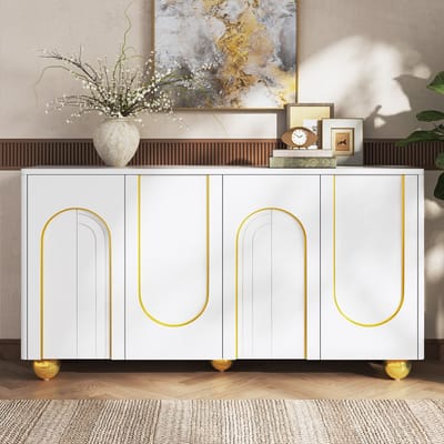 Dressoir Met Vier Deuren En Gouden Boogdecor Voor Woonkamer En Eetkamer Van Wit MDF En Spaanplaat 140x40x74 Cm