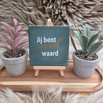 Robuust Wenstegeltje Jij Bent Goud Waard – Hip trendy tegeltje – Cadeau voor Vriendin, Juf, Zorgheld of Collega – Zomaar – Trendy nu – Deco – Stijlvolle Wanddecoratie – Decoratief Tegeltje met Standaard – Cadeau Idee