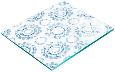 Stijlvol en duurzaam glazen bord met blauwe ornamentprint, 60x52 cm