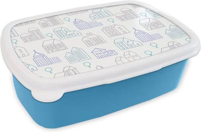 Broodtrommel Blauw - Lunchbox - Brooddoos - Skyline - Patronen - Huis - 18x12x6 cm - Kinderen - Jongen