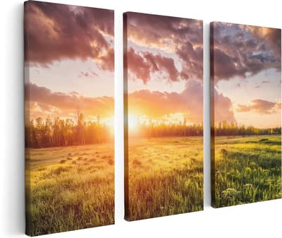 Artaza Canvas Schilderij Drieluik Zonsopkomst In Het Veld - 120x80 - Foto Op Canvas - Canvas Print