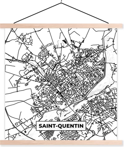 Posterhanger incl. Poster 40x40 cm - Schoolplaat - Kaart - Stadskaart - Saint-Quentin - Frankrijk - Plattegrond - Zwart wit - Textielposter - Blanke latten - Stadskaart