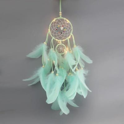 DW4Trading Dromenvanger met Kralen en Veren en Led Verlichting - Dreamcatcher - 50x11 cm - Mint Groen