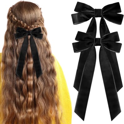 Set van 2 Zwarte Fluwelen Haarstrikken met Lange Ribbons, Franse Stijl Haarspelden voor Dames, Ponytail Accessoire en Mode Haaraccessoires