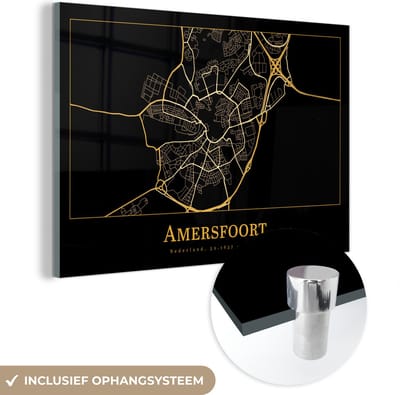 MuchoWow® Glasschilderij 60x40 cm - Schilderij acrylglas - Kaart - Amersfoort - Goud - Zwart - Foto op glas - Schilderijen