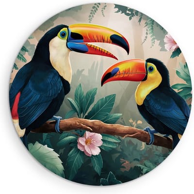 Saammp Muurcirkel Hout - 2 toekans tussen de roze bloemen - Dieren - Bloemen - Ø 90 - Wandcirkel - Wanddecoratie Cirkel - muurdecoratie Woonkamer - Slaapkamer decoratie - Rond Schilderij