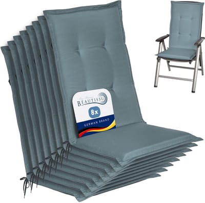 Beautissu Loft HL Stoelkussen Set 8x Hoge Rugleuning 120x50 cm Duifblauw – Tuinstoelkussen UV-bestendig