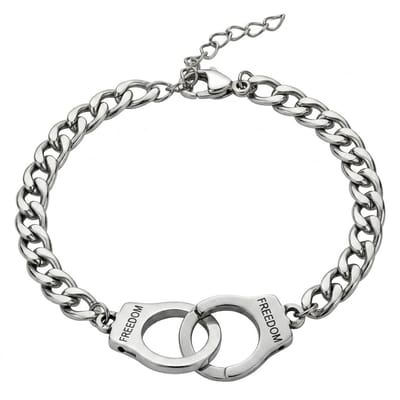 Zilverkleurige schakelarmband voor dames en heren met handboei elementen en gravure "FREEDOM" – unisex armband met stoer design