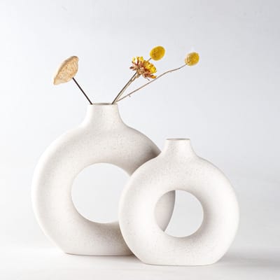 Set van 2 witte keramische donut-vazen voor moderne woondecoratie, ronde matte vazen voor pampagras, neutraal, boho, Scandinavisch minimalisme stijl bloemenvazen (supergroot + groot)