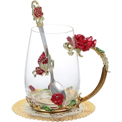 Geëmailleerde Gekleurde Waterbeker Rode Rozenbeker met Lepel Afveegdoekje Onderzetter Set Hittebestendige Theekop Koffiekop Kristal type 4 S brown