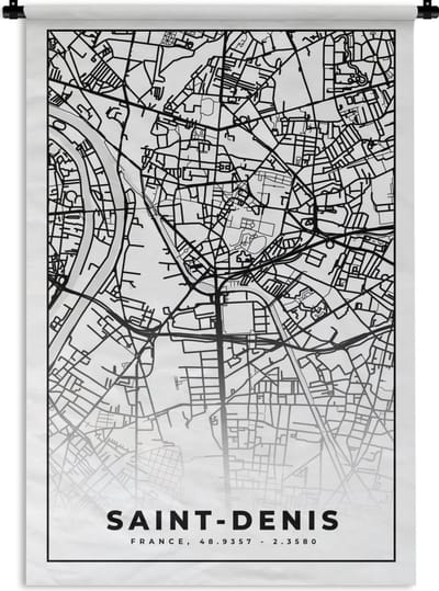 Wandkleed - Wanddoek - Plattegrond - Kaart - Frankrijk - Saint-Denis - Stadskaart - Zwart wit - 120x180 cm - Wandtapijt