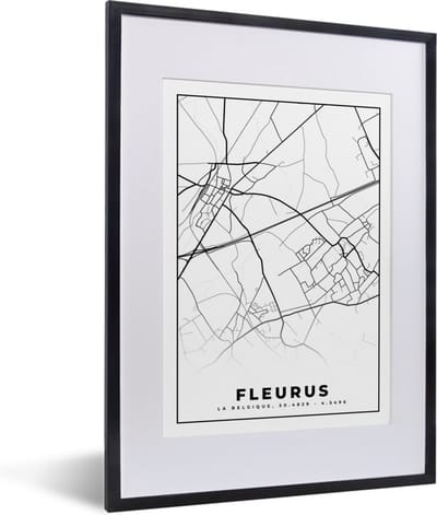 Fotolijst incl. Poster Zwart Wit- Plattegrond – Fleurus – Zwart Wit – Stadskaart - Kaart - België - 30x40 cm - Posterlijst