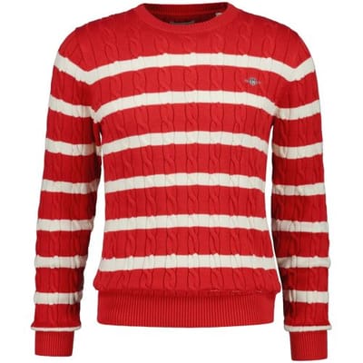 Gant Trui Striped Cotton Cable Crew Neck Rose Red / male