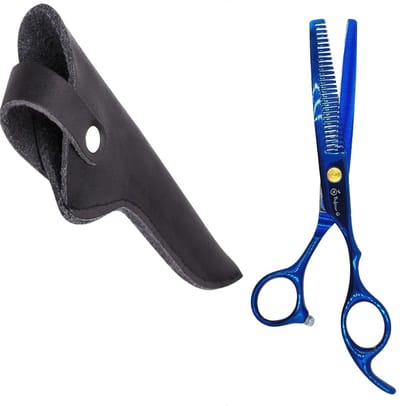Professor Q – Professionele Effileerschaar – Blauw – Rechtshandig – Inclusief Luxe Lederen Etui – 16,5 cm – Zwart