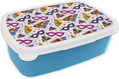 Broodtrommel Blauw - Lunchbox - Brooddoos - Carnaval - Patronen - Maskers - 18x12x6 cm - Kinderen - Jongen