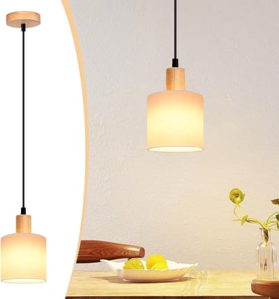 NETTLIFE Hanglamp - wit - E14 fitting - hout Design - rond - vintage eetkamerlamp - stoffen kap = voor restaurant | keuken | woonkamer | studeerkamer-excl. lichtbron