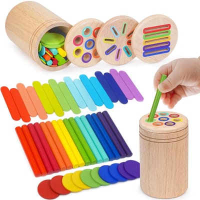 Montessori Houten Speelgoed (Vanaf 1 Jaar) - Drie-In-ééN Vorm- En Kleurensorteerspeelgoed - Motorisch Spel - Educatief Cadeau Voor Kinderen