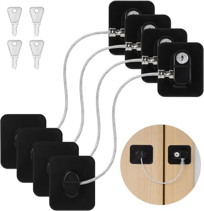 Veiligheidsslot - 4-Pack - Koelkastslot Met Sleutel - Koelkastveiligheidsslot - Raamslot Zonder Boren Met 4 Sleutels Voor Kasten - Ramen - Koelkast - Wasmachine (Zwart)