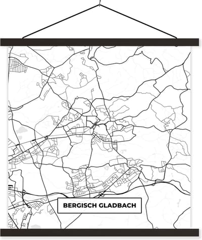Posterhanger incl. Poster 60x60 cm - Schoolplaat - Bergisch Gladbach - Kaart - Plattegrond - Stadskaart - Textielposter - Zwarte latten - Stadskaart