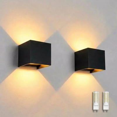 Luminize Wandlamp binnen en buiten - Kubus wandlamp 2 stuks - Buitenlamp - Up en down light - Dimbaar - G9 fitting met LED - 2700K - IP54 - Zwart