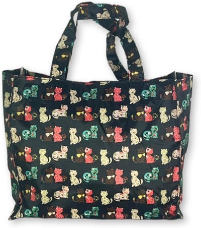 Kleine damestas nylon herbruikbare boodschappentas met ritssluiting en kitten motief 30 cm