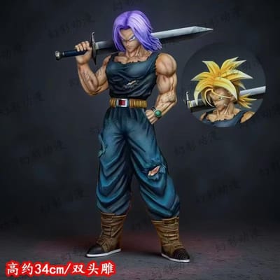 Figurine Trunks de JJ Studio, Dragon Ball Z, style épée, deux têtes interchangeables, PVC, 34 cm, objet de collection anime, cadeau déco No box