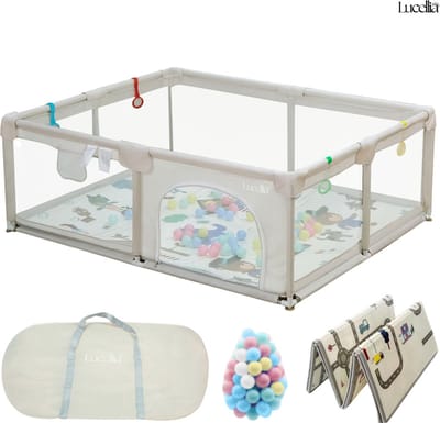 Lucellia® Grondbox Baby - Speelbox & Kruipbox - Inclusief Speelmat & 30 Ballen - Draagtas - Beige - 180x200 cm