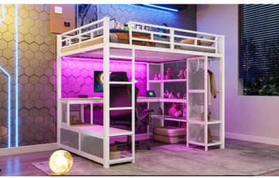 Loft Bed 140x200 - Metalen Hoogslaper Met Bureau En Opbergplanken - Bed Met USB Poort LED En Kledingrek Wit