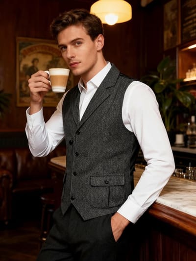 Vintage Herringbone Vest voor Mannen - Klassiek Tweed V-hals Casual Kostuum Vest met Regular Fit en Stijlvolle Look