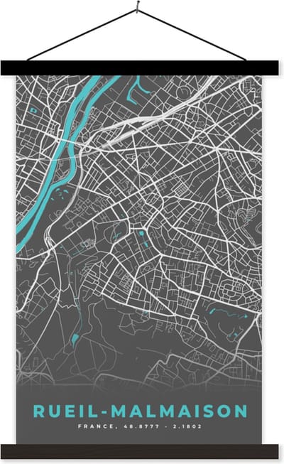 Posterhanger incl. Poster 40x60 cm - Schoolplaat - Plattegrond – Rueil-Malmaison – Stadskaart – Kaart – Frankrijk - Textielposter - Zwarte latten - Stadskaart