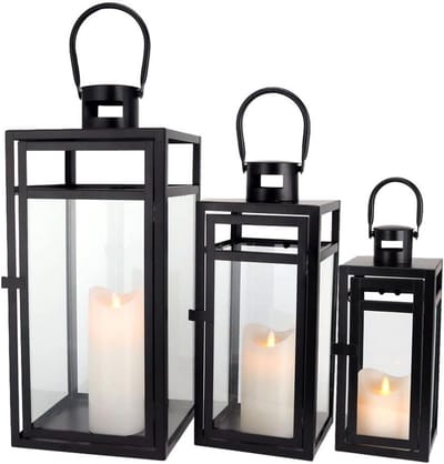 Decoratieve Metalen Lantaarns - Lantaarn Set - Buiten Decoratie - Met Versterkt Glas - 48/38/30 cm - Mat Zwart