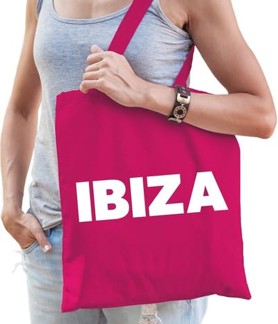 Katoenen Spanje party/hippie eiland tasje Ibiza fuchsia roze - 10 liter - cadeautas