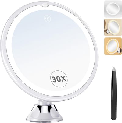Make-up Spiegel met Verlichting en 30x Vergroting - Dimbare 8 Inch Scheerspiegel met 3 Kleurmodi en Sterke Zuignap